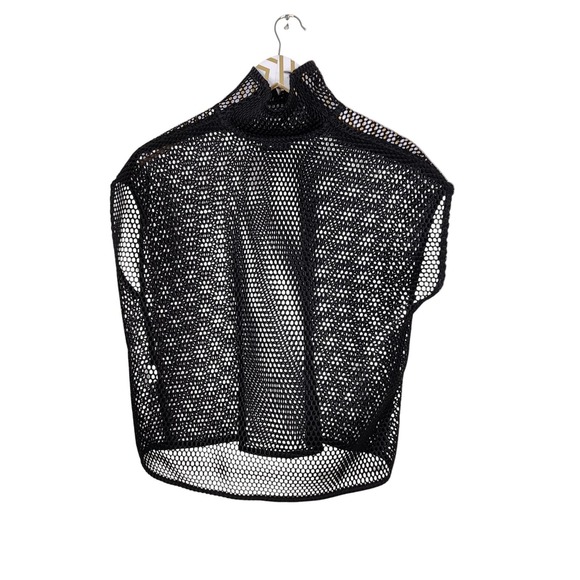 AKRIS Top Womens 8 Black Grid Shirt Mesh Fishnet High Neck Poncho Top Designer - Picture 3 of 12